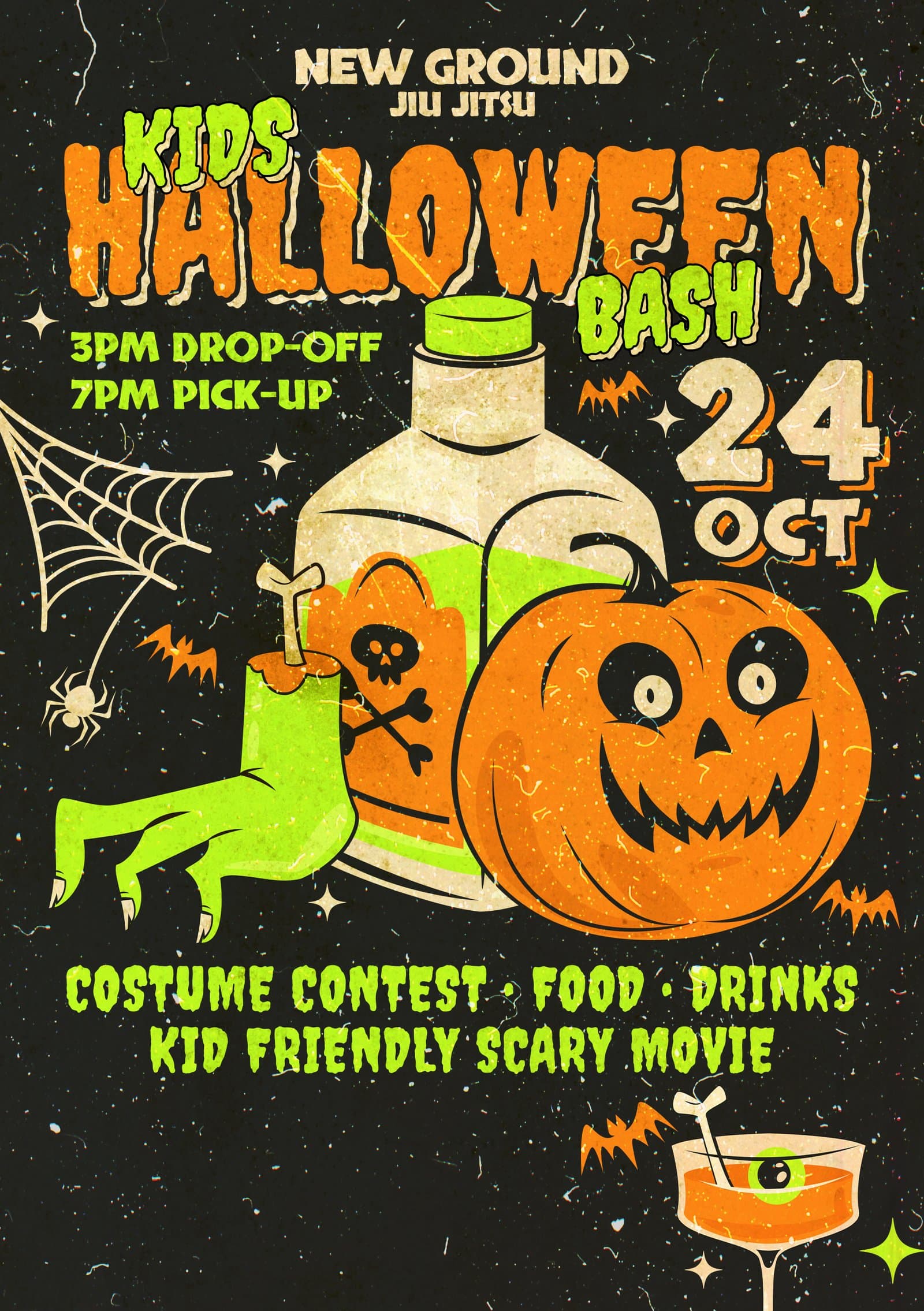Kids Halloween Bash flyer — Oct 24, 3 PM drop-off, 7 PM pick-up at New Ground Jiu Jitsu
